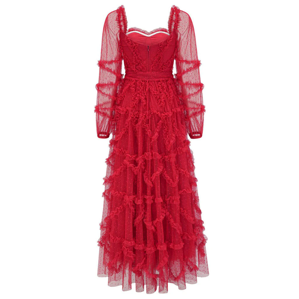 French Style Sweetheart Neck Bishop Sleeve A Line Ruffle Tiered Dotted Tulle Maxi Dress - Image 8