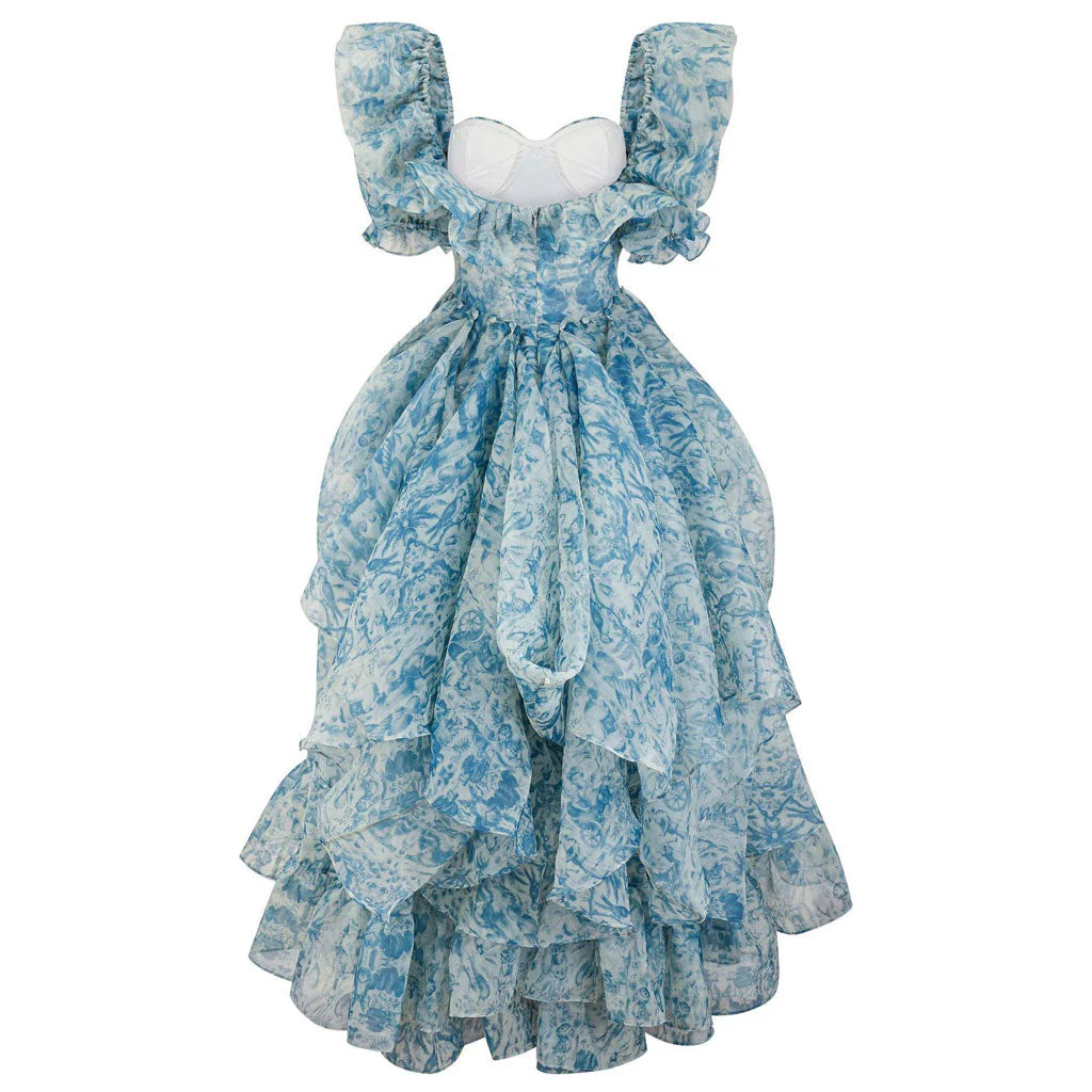 French Style Sweetheart Neck Puff Sleeve A Line Floral Organza Ruffle Tiered Maxi Dress - Image 10