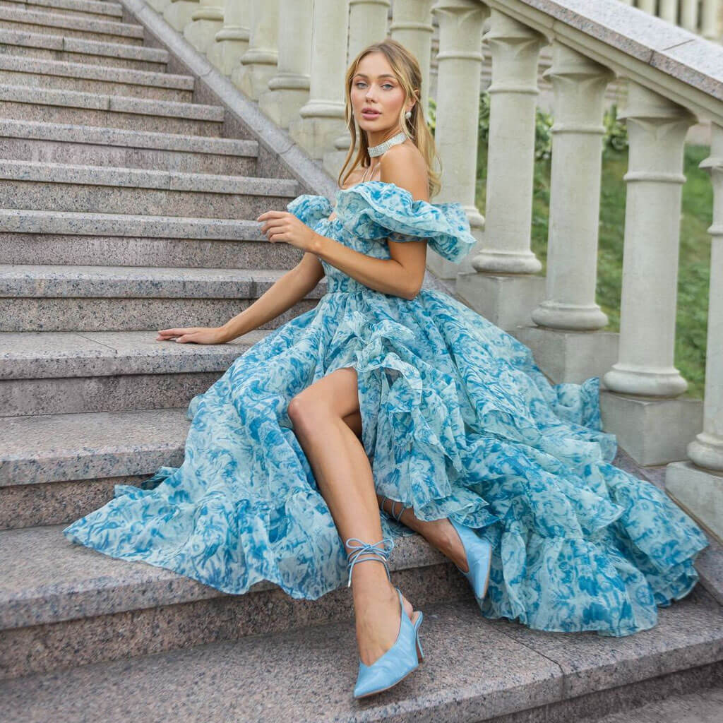 French Style Sweetheart Neck Puff Sleeve A Line Floral Organza Ruffle Tiered Maxi Dress - Image 5