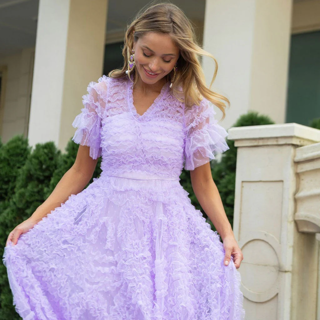 French Style V Neck Short Sleeve A Line Ruffle Tiered Spotted Tulle Maxi Dress - Image 3