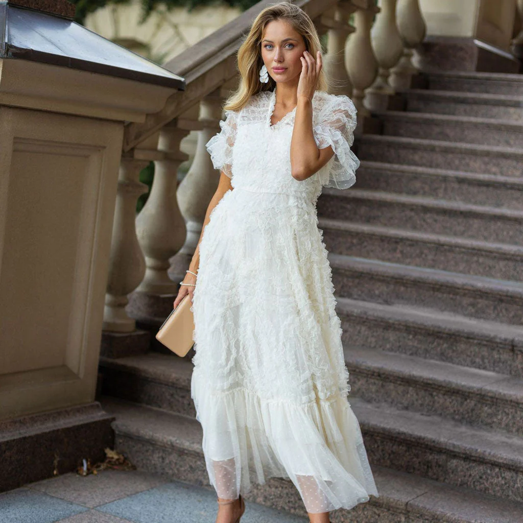 French Style V Neck Short Sleeve A Line Ruffle Tiered Spotted Tulle Maxi Dress - Image 5