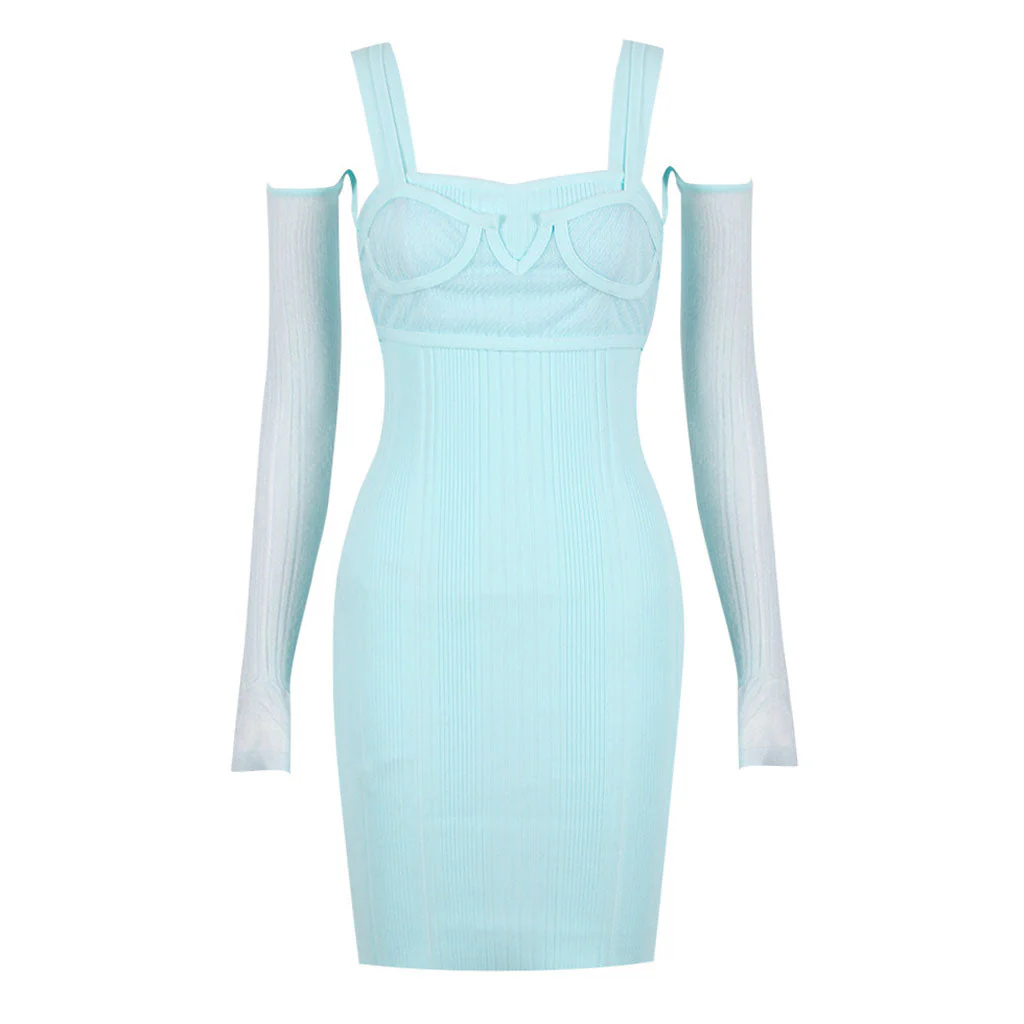 Fresh Sweetheart Cold Shoulder Suspended Strap Jacquard Bandage Mini Dress - Blue - Image 3