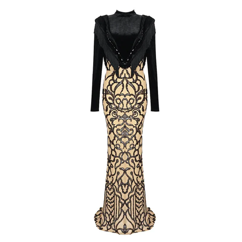 Fringe High Neck Sequin FLower Mesh Velvet Mermaid Maxi Dress - Black - Image 5