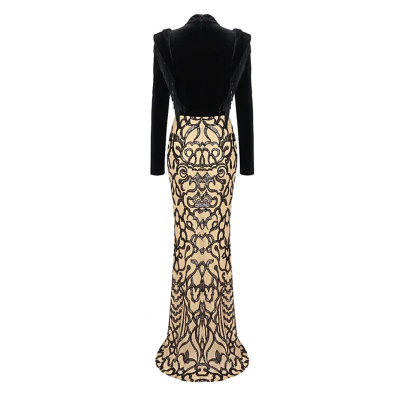 Fringe High Neck Sequin FLower Mesh Velvet Mermaid Maxi Dress - Black - Image 6