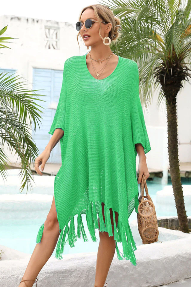 Fringe Trim Dolman Sleeve Openwork Cover Up - Image 24