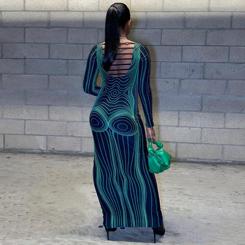 Futuristic Body Print Cut Out Long Sleeve Party Maxi Dress - Green - Image 2