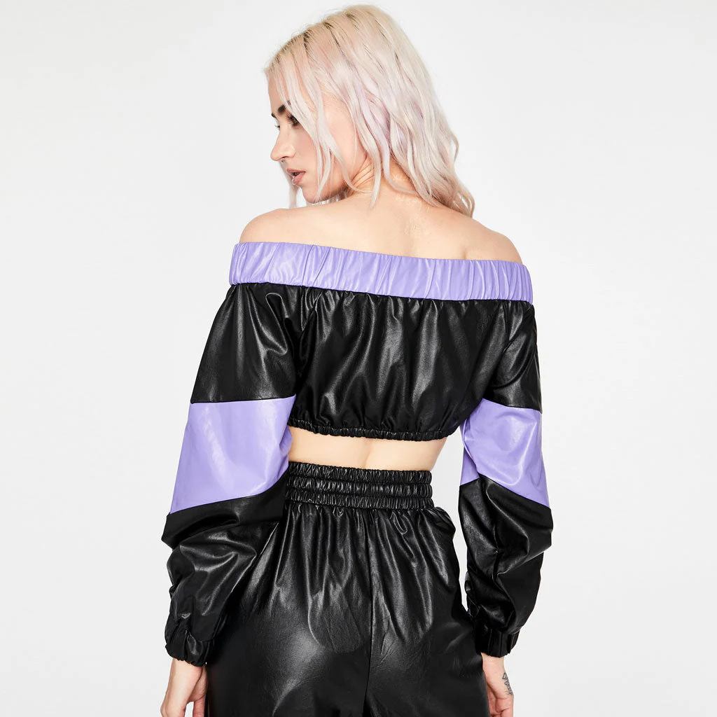 Futuristic Color Block Off Shoulder Zip Front Crop Leather Top - Black - Image 3