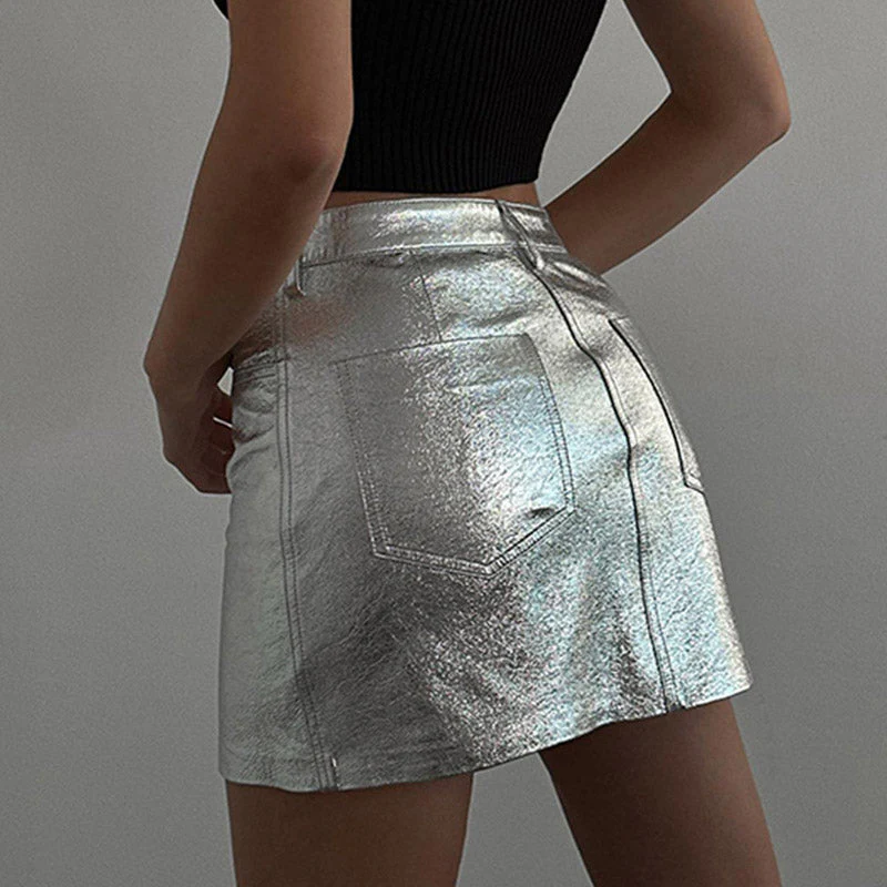 Futuristic Metallic Effect Single Button High Waist Bodycon Mini Skirt - Silver - Image 2