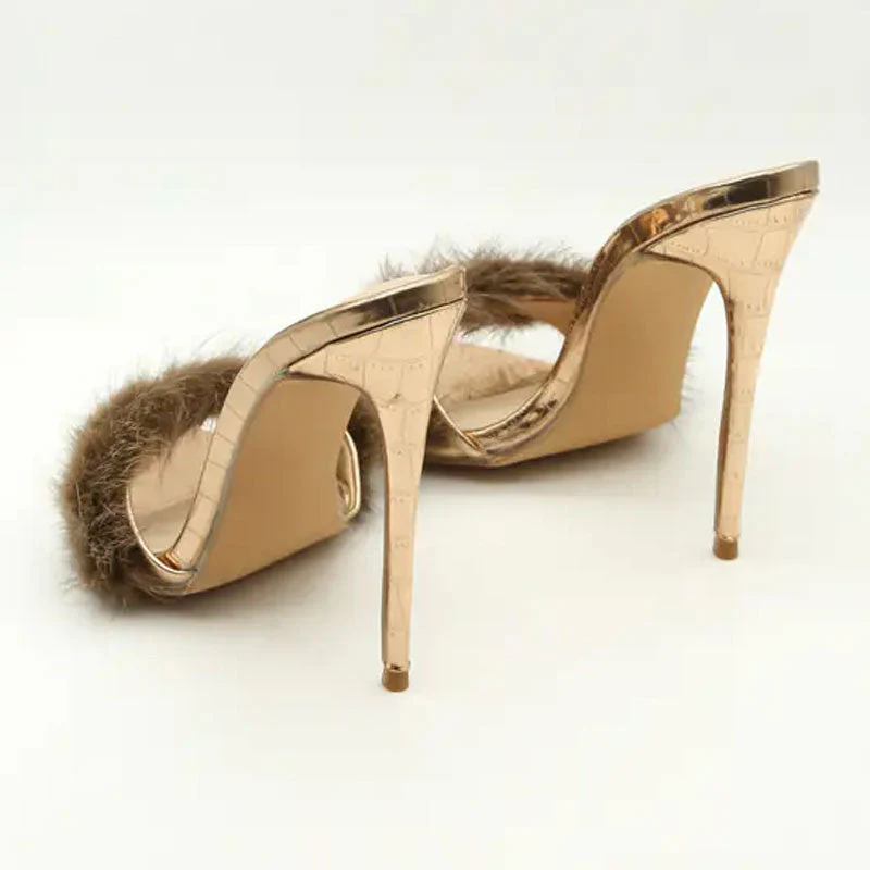 Fuzzy Faux Fur Crocodile Embossed Open Pointed Toe Stiletto Mules - Gold - Image 6