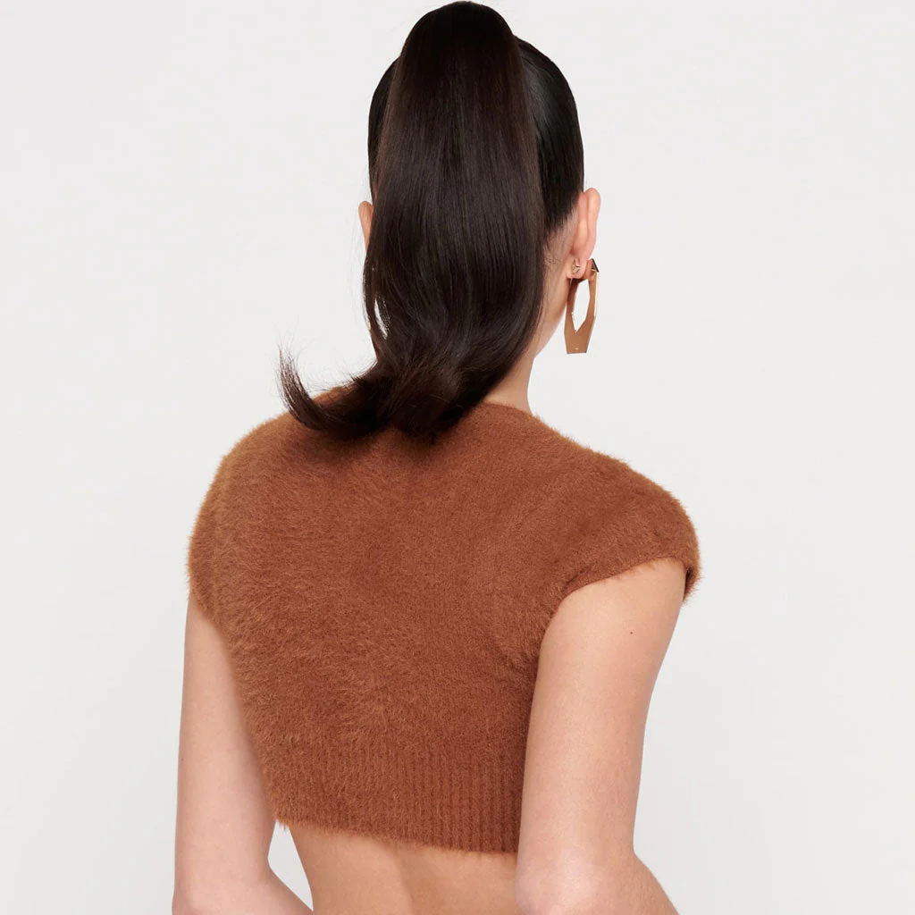 Fuzzy Letter Chain Open Front Short Sleeve Ribbed Crop Cardigan - Camel - Image 4