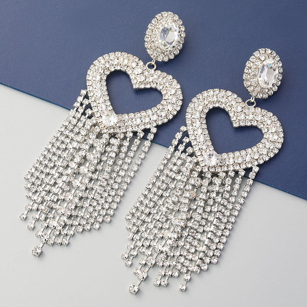Gem Detail Crystal Embellished Heart Shape Tassel Earrings - Silver - Image 2