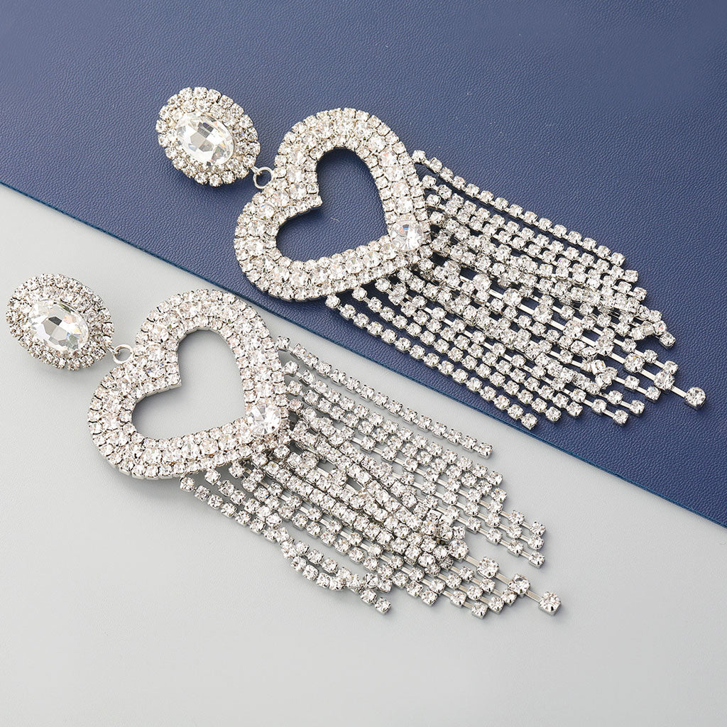 Gem Detail Crystal Embellished Heart Shape Tassel Earrings - Silver - Image 3