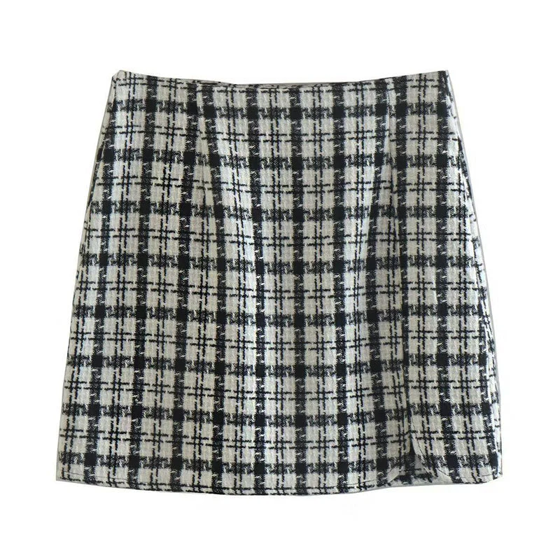 Geometrical Check Print High Waist Split Trim Bodycon Mini Skirt - Black - Image 3