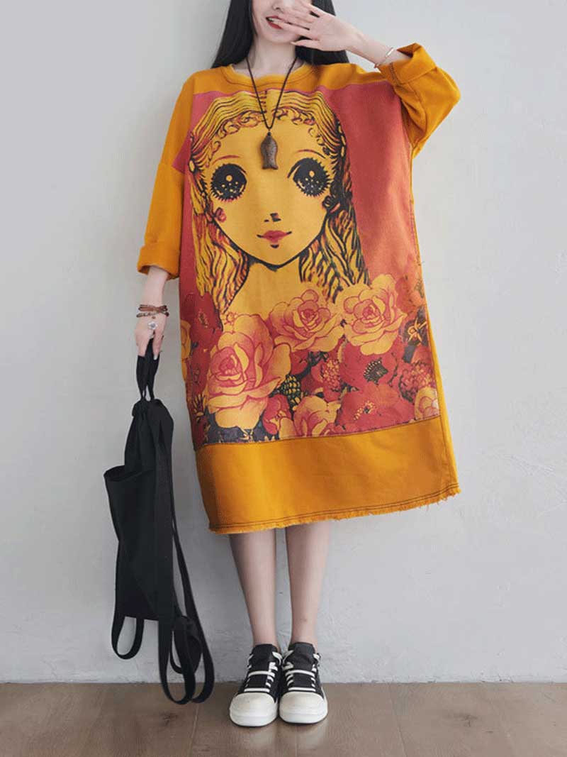 Give Me a Memory Round Neck Cartoon Sweater Midi Dress - Image 2