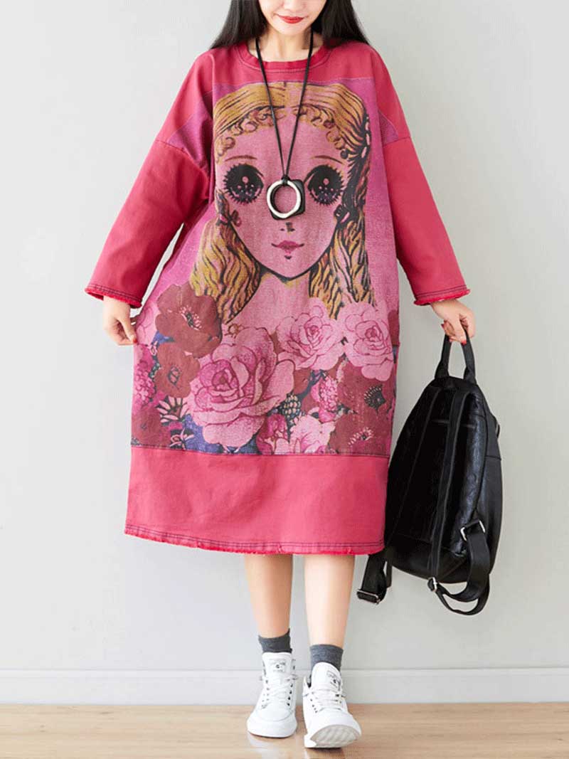 Give Me a Memory Round Neck Cartoon Sweater Midi Dress - Image 3