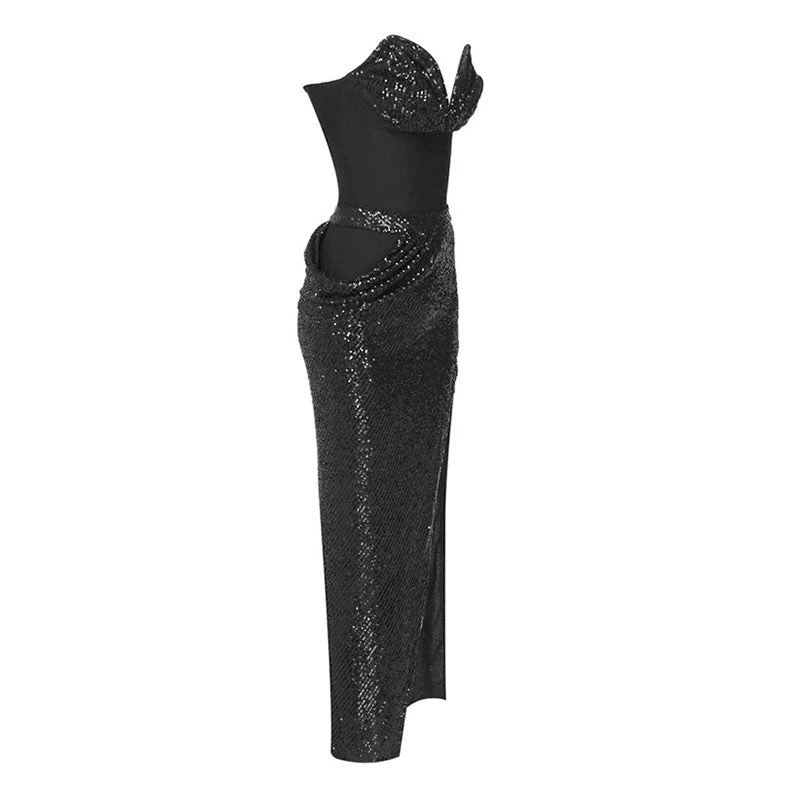 Glamorous Sweetheart Tube Top CutOut Draped High Slit Sequin Skirt Matching Set - Image 2