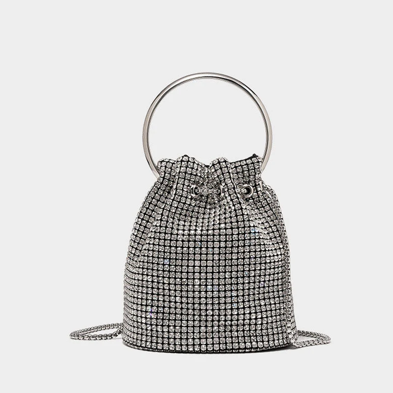 Gleaming Crystal Embellished Drawstring Crossbody Party Bucket Bag - Silver - Image 4