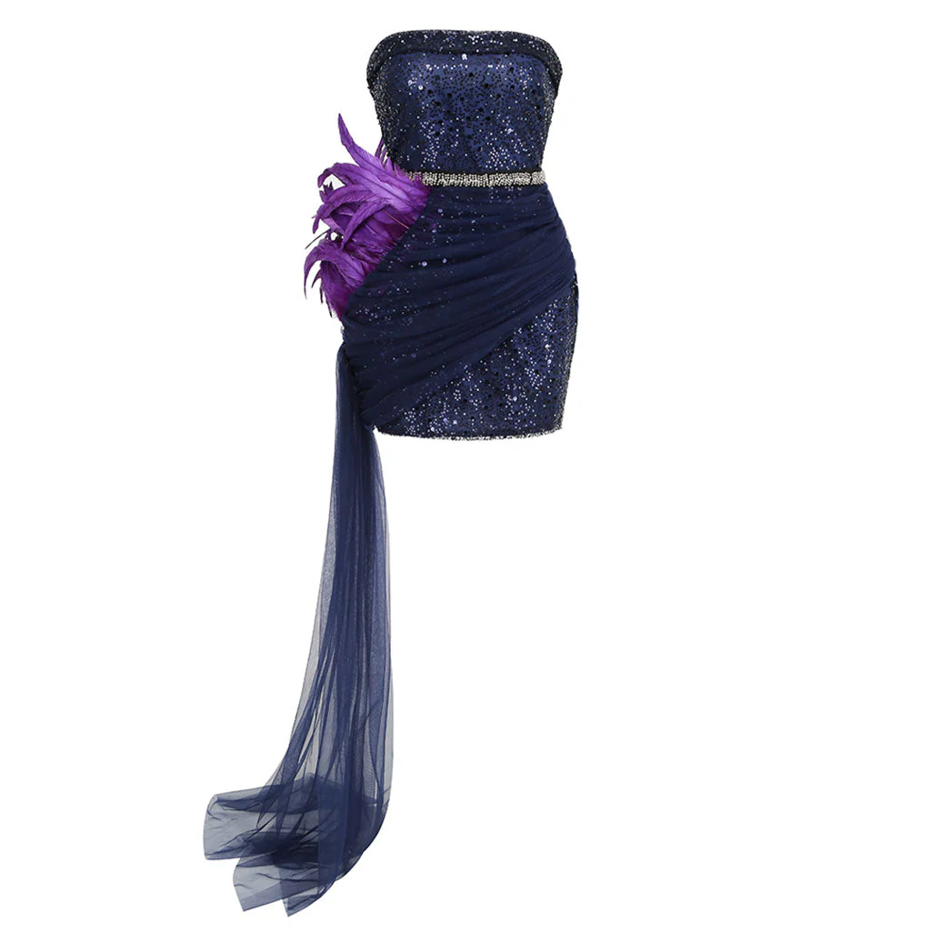 Glitter Galaxy Sequin Folded Strapless Ruched Sash Feather Trim Mini Party Dress - Image 5