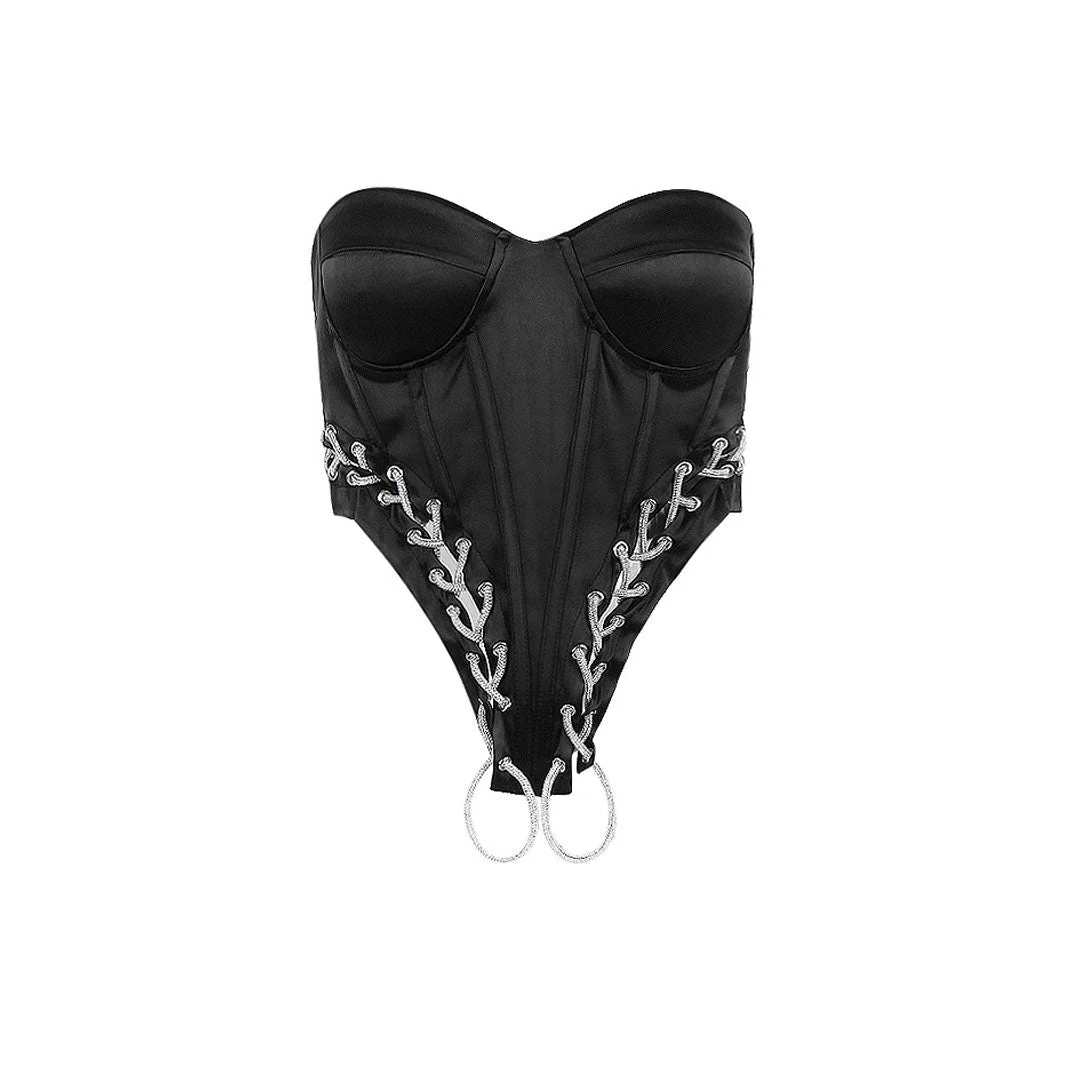 Glitter Lace Up Satin Sweetheart Sleeveless Tube Crop Corset Top - Black - Image 4