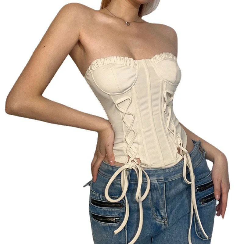 Glitter Lace Up Satin Sweetheart Sleeveless Tube Crop Corset Top - Image 4