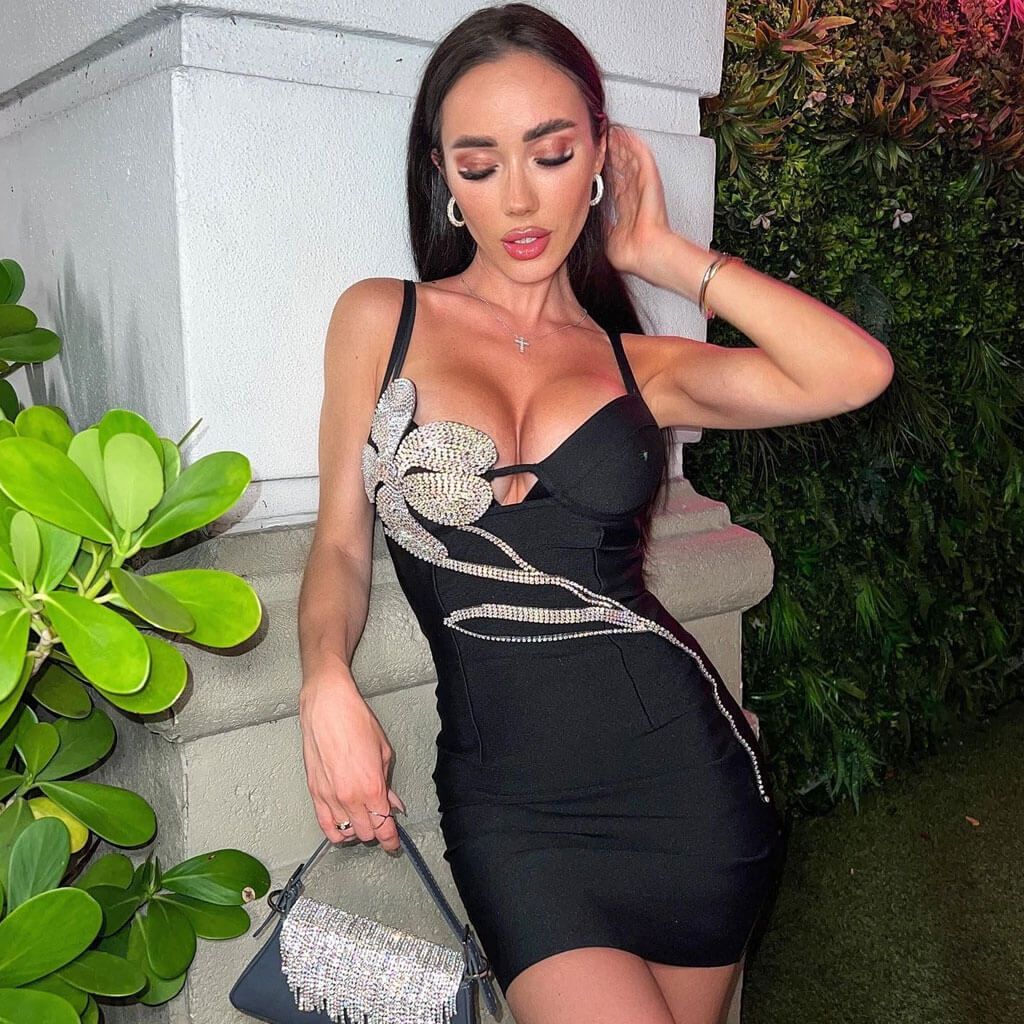 Glitter Petal Crystal Embellished Bandage Club Mini Dress - Black - Image 3