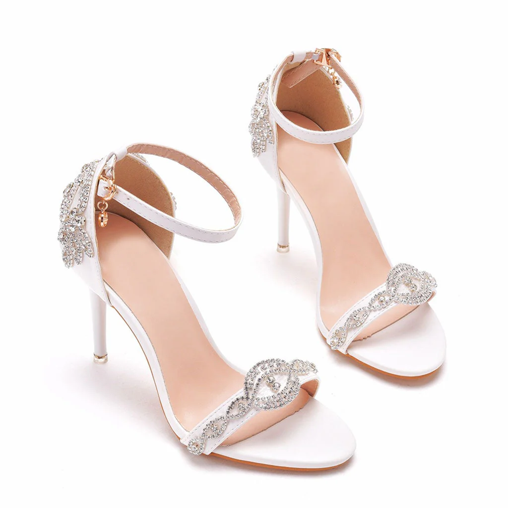 Glitter Rhinestone Embellished Ankle Strap High Heel Sandals - White - Image 4