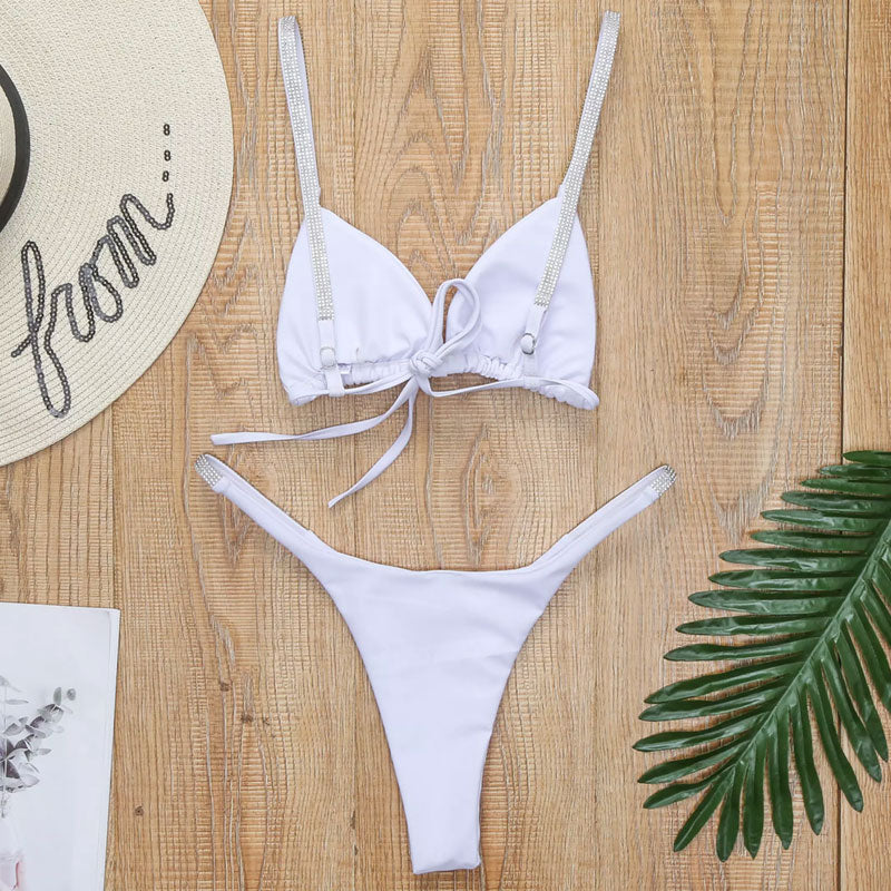 Glitter Rhinestone String Sliding Triangle Brazilian Bikini Set - White - Image 3