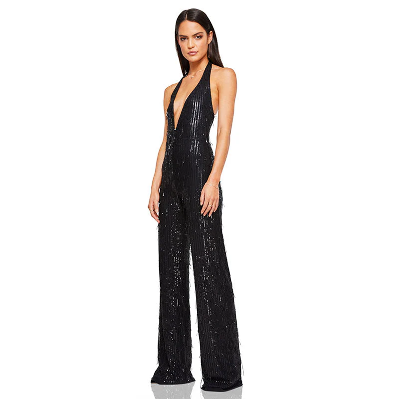 Glitter Sequin Fringe Plunge Backless Wide Leg Party Jumpsuit - Black - Image 2