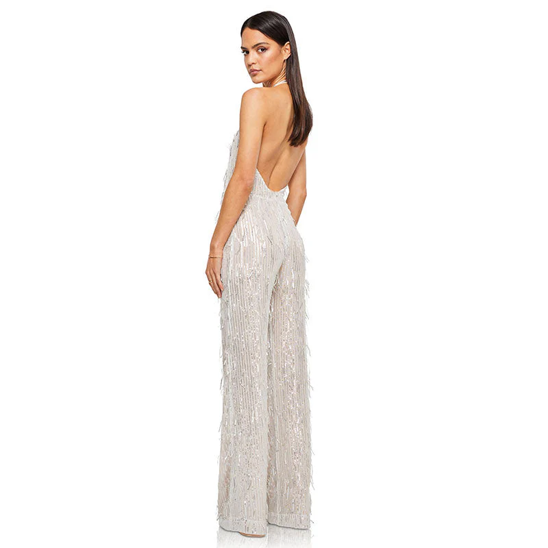Glitter Sequin Fringe Plunge Backless Wide Leg Party Jumpsuit - Silver - Image 3