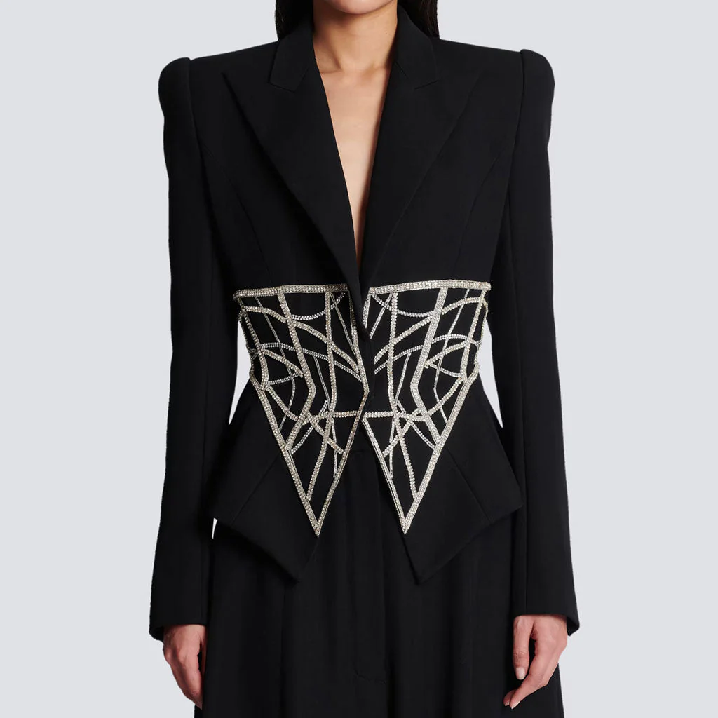 Glittered Crystal Corset Trim Peak Lapel Long Sleeve One Button Tailored Blazer - Image 2
