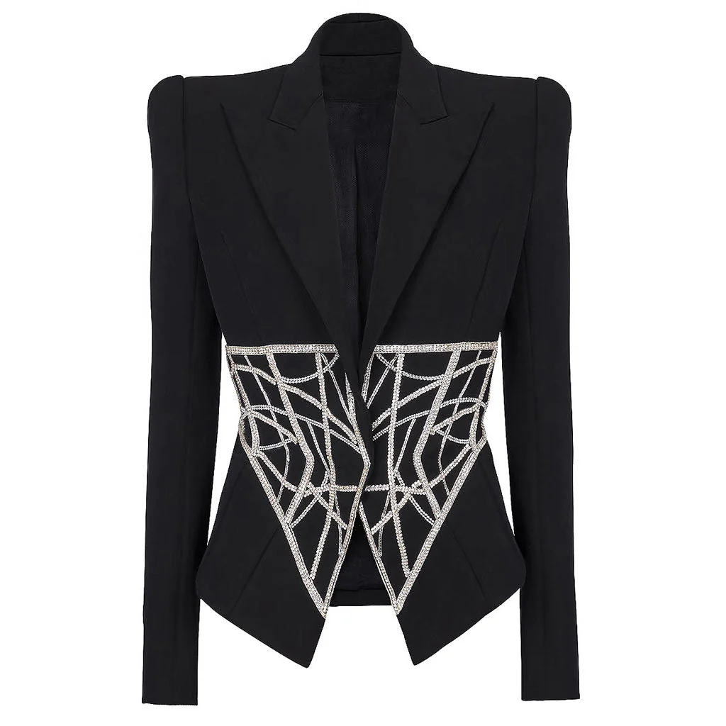 Glittered Crystal Corset Trim Peak Lapel Long Sleeve One Button Tailored Blazer - Image 3
