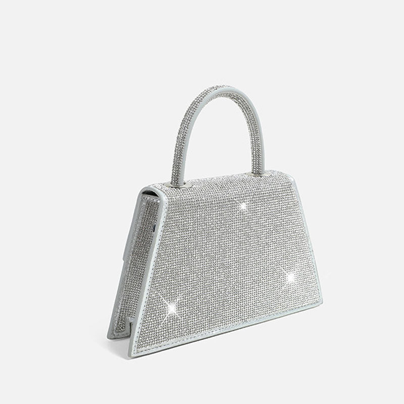 Glittering Crystal Embellished Foldover Top Handle Crossbody Bag - Silver - Image 4