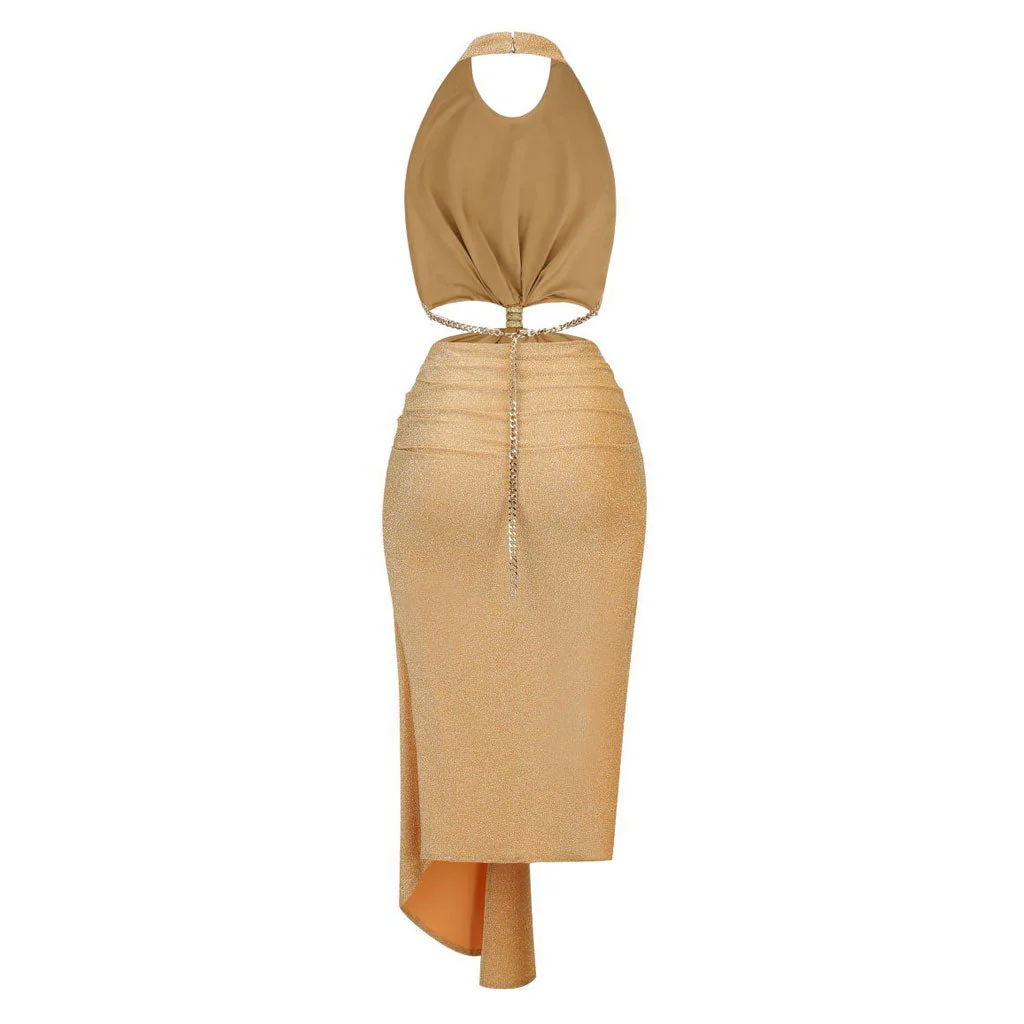 Glittering Draped Halter Metallic Chain CutOut Backless Midi Dress - Gold - Image 5