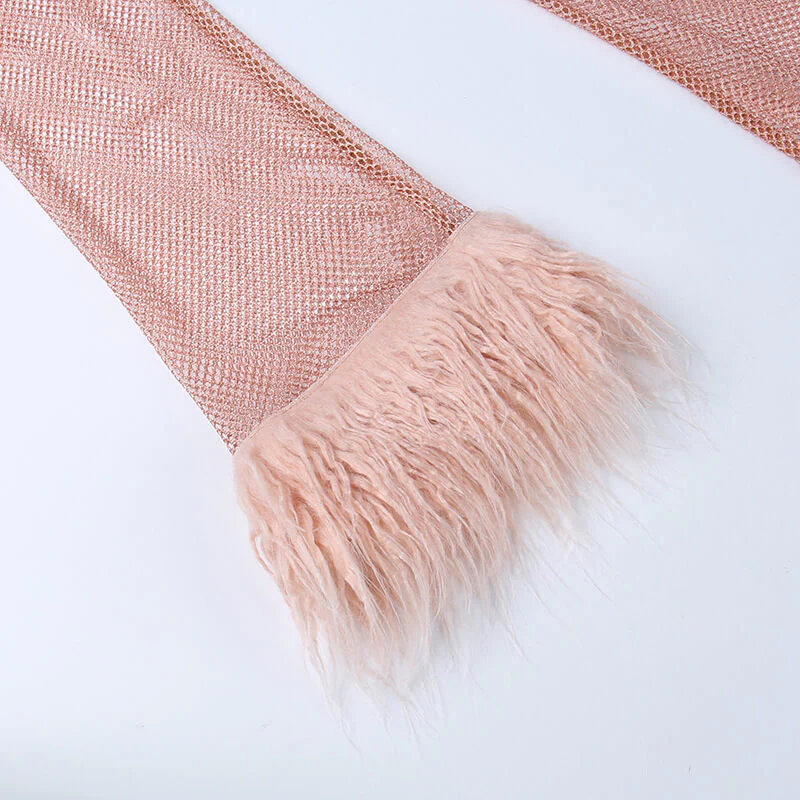 Glittering Lurex Crew Neck Faux Fur Long Sleeve Sheer Fishnet Party Mini Dress - Pink - Image 5