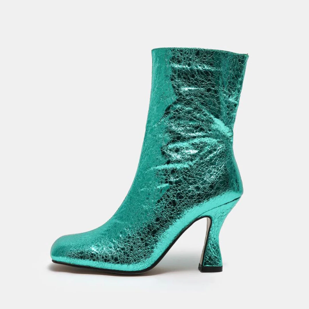 Glittering Metallic Trim Square Toe High Heel Ankle Boots - Turquoise - Image 3