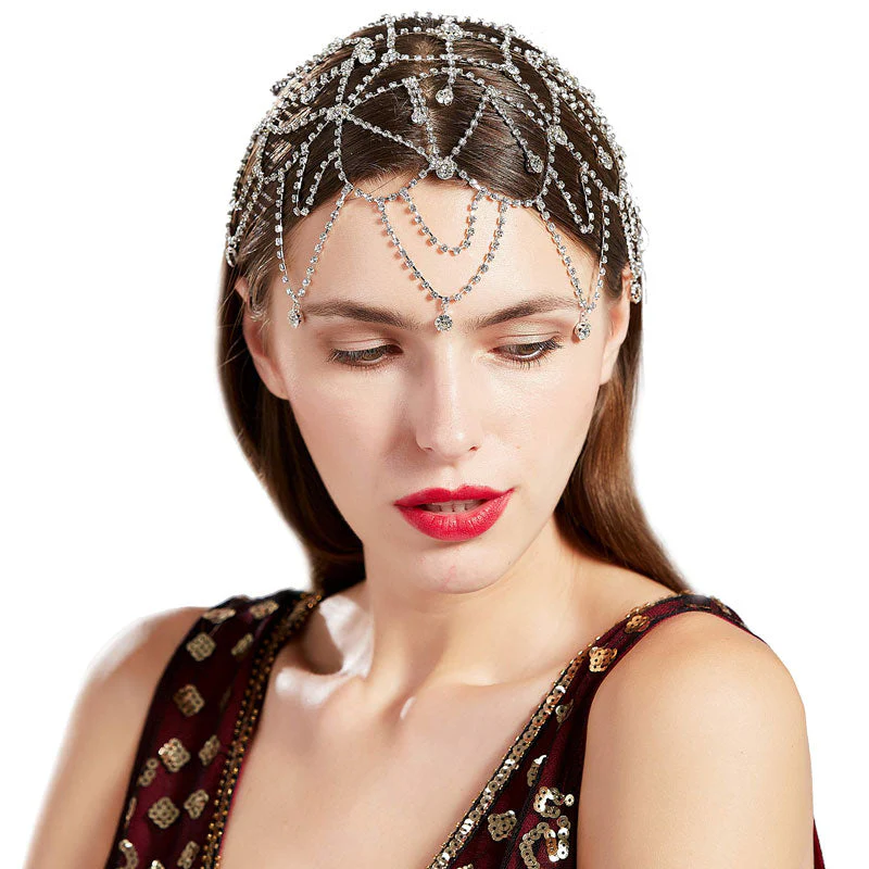 Glittering Rhinestone Embellished Caged Chain Headpiece - Silver - Image 3