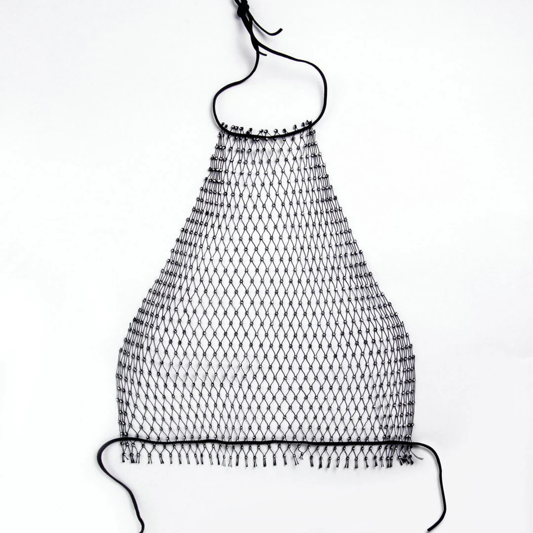 Glittering Rhinestone Embellished Fishnet Backless Halter Crop Top - Black - Image 2