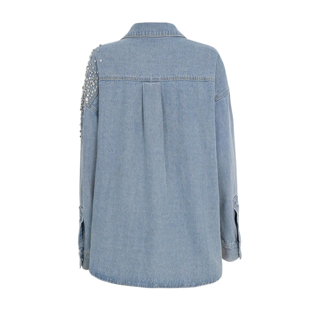 Glittering Rhinestone Long Sleeve Collared Button Front Oversized Denim Shirt - Image 3