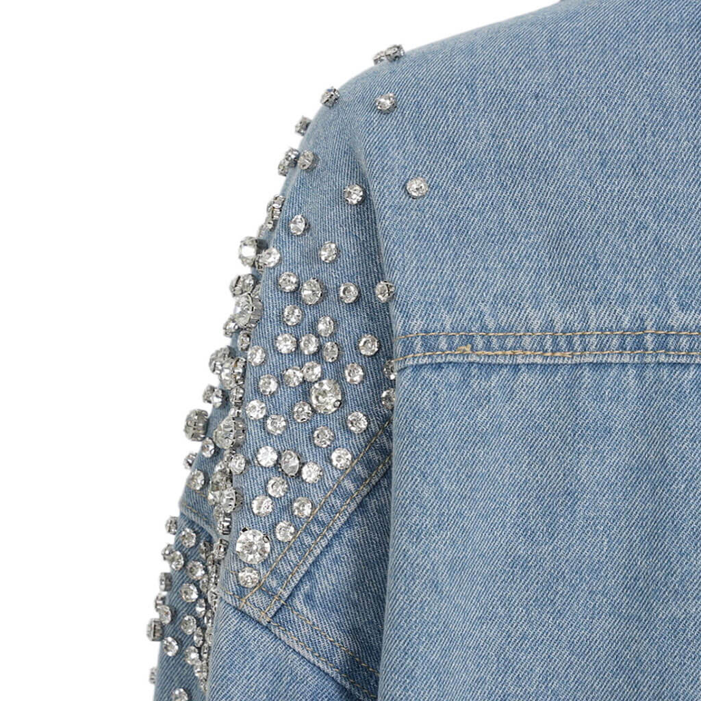 Glittering Rhinestone Long Sleeve Collared Button Front Oversized Denim Shirt - Image 4