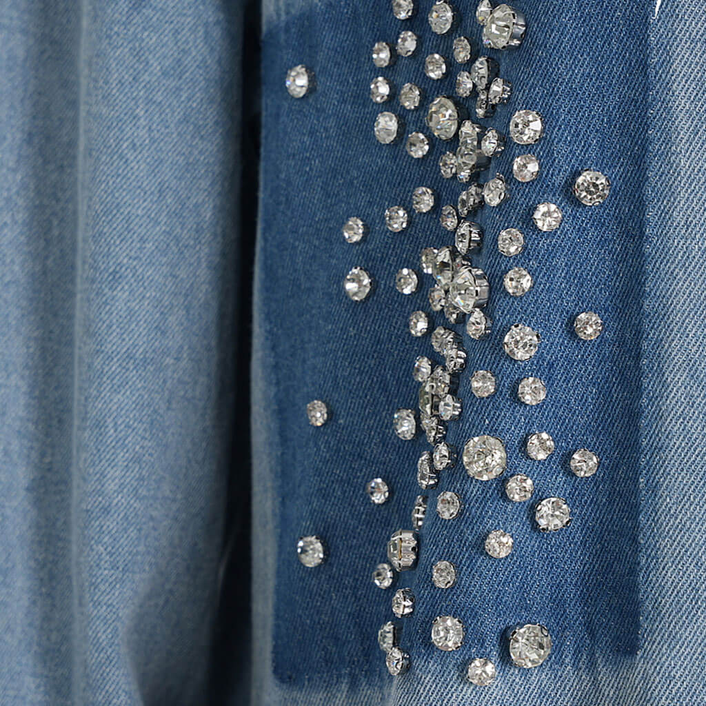 Glittering Rhinestone Long Sleeve Collared Button Front Oversized Denim Shirt - Image 5