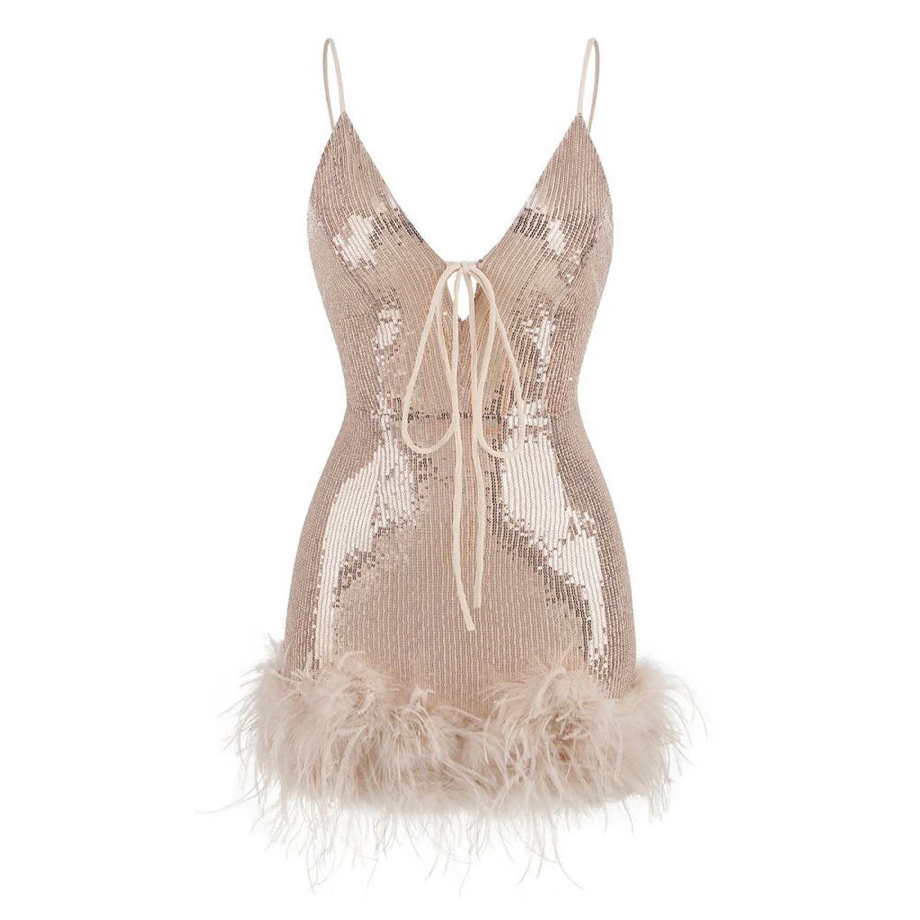 Glittering Sequin Feather Trim Tie Front Deep V Cami Backless Mini Party Dress - Image 6