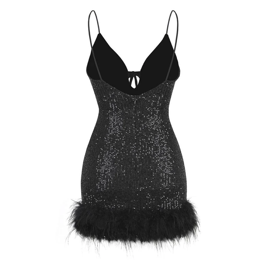 Glittering Sequin Feather Trim Tie Front Deep V Cami Backless Mini Party Dress - Image 8