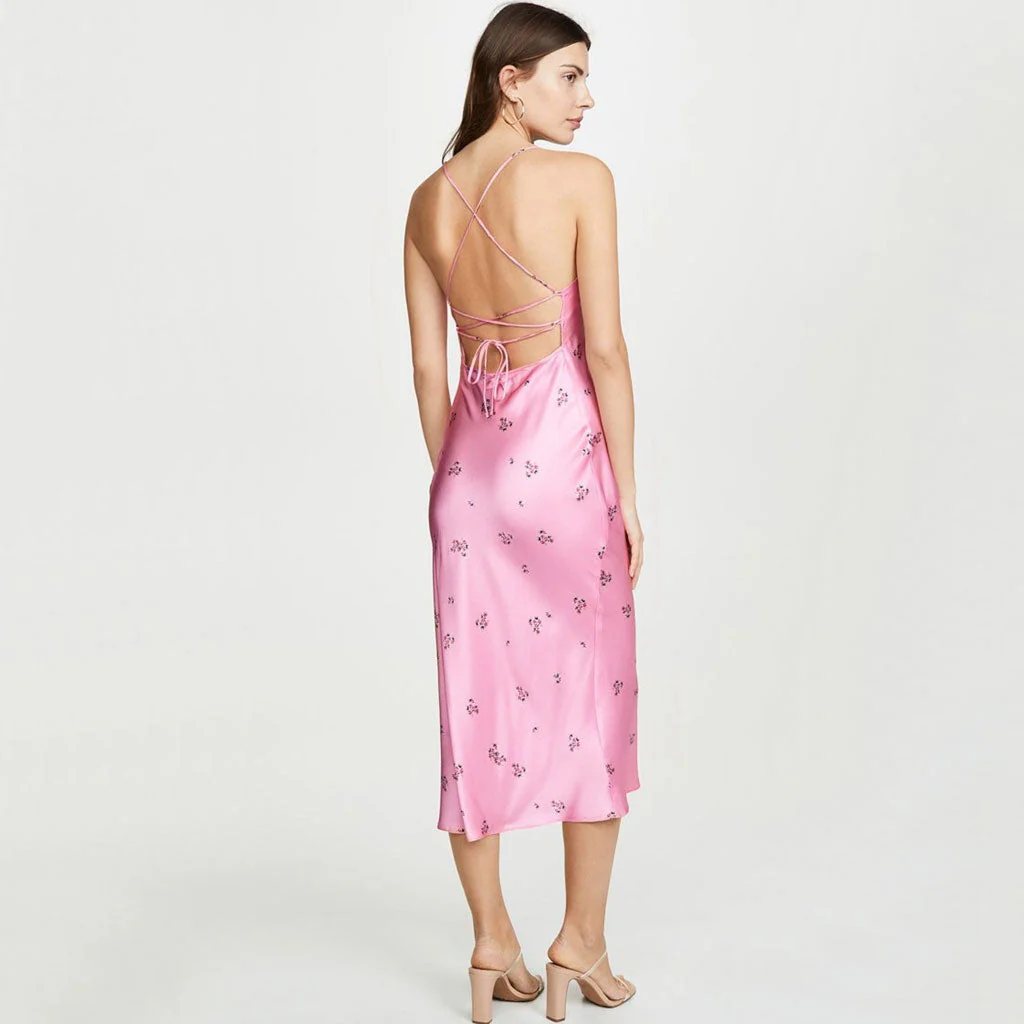 Glossy Ditsy Floral Print Backless Satin Slip Midi Dress - Pink - Image 3