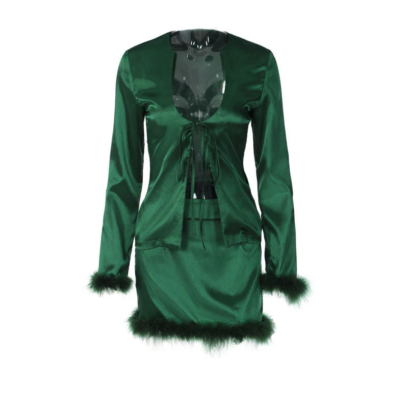 Glossy Faux Fur Tie Front Top Bodycon Mini Skirt Matching Set - Emerald Green - Image 3