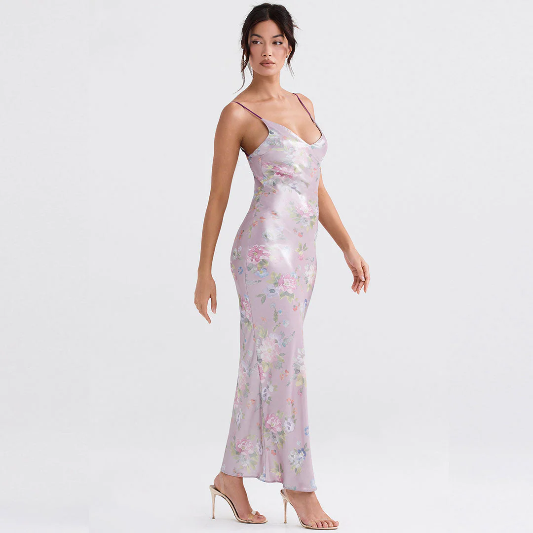 Glossy Flower Print V Neck Sleeveless Bodycon Maxi Dress - Pink - Image 2