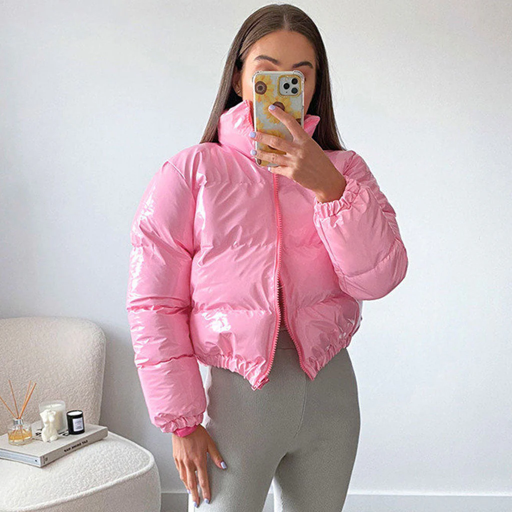 Glossy High Neck Long Sleeve Cropped Down Puffer Coat - Pink - Image 2