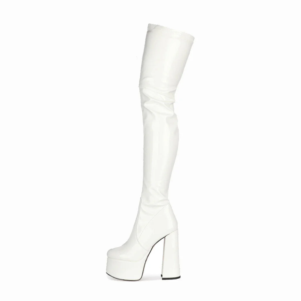 Glossy Patent Leather Over Knee Platform Block Heeled Boots - White