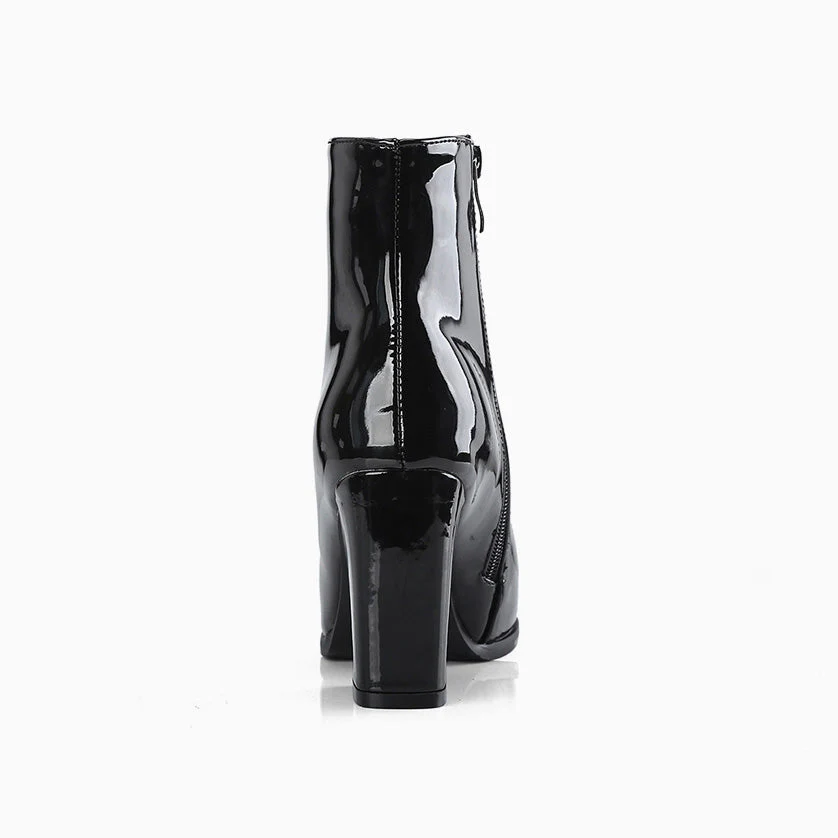 Glossy Effect Pointed Toe Chunky Heel Ankle Boots - Black - Image 3