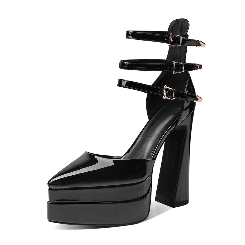Glossy Pointed Toe Platform Block Heel Ankle Strap Pumps - Black - Image 2