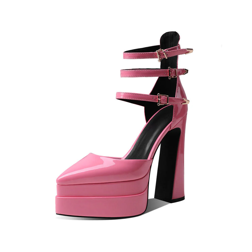 Glossy Pointed Toe Platform Block Heel Ankle Strap Pumps - Pink - Image 2